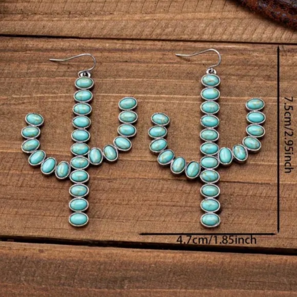 NEW Pair of BIG Vintage Style Boho Turquoise Cactus Dangle Earrings - Picture 4 of 5